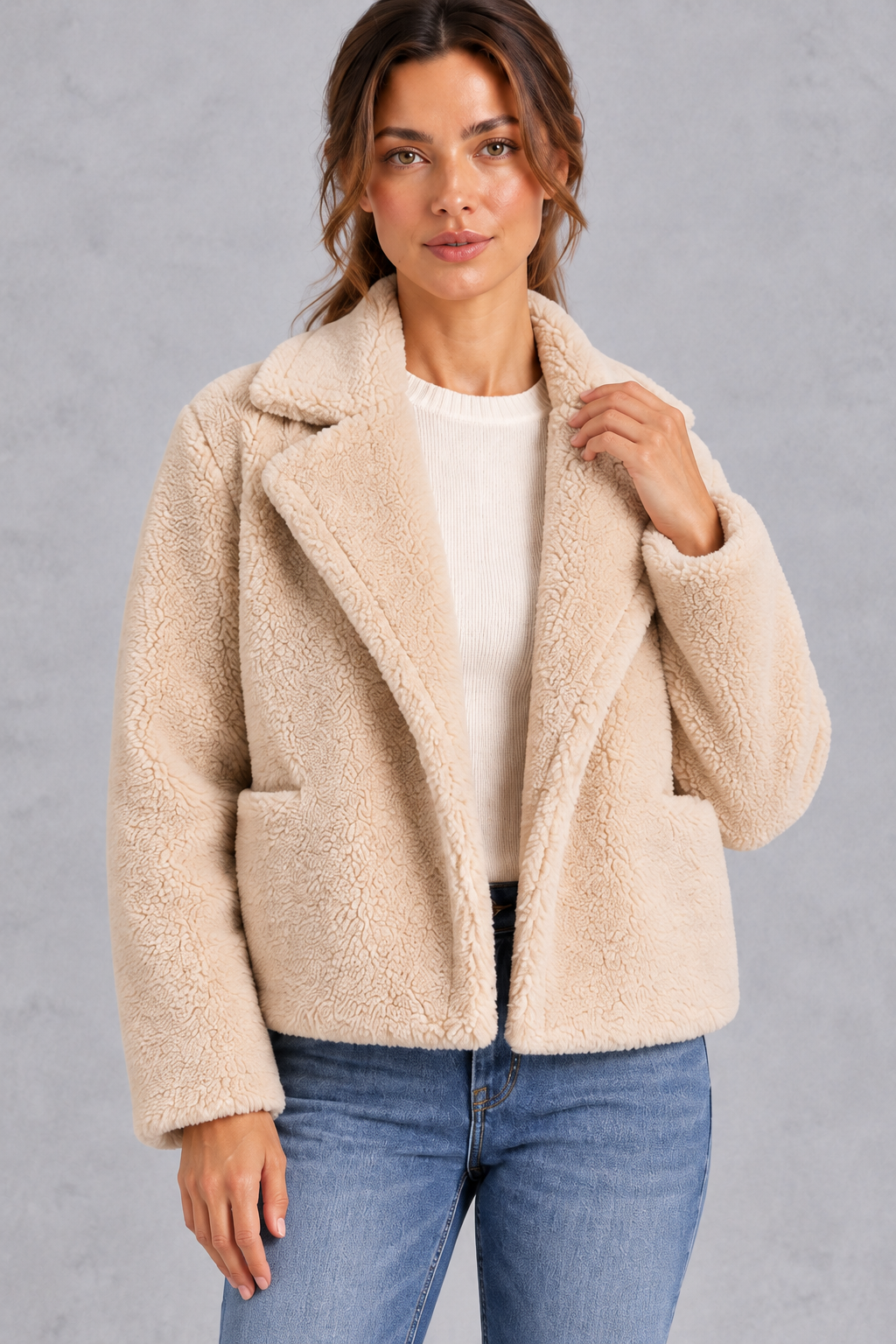 Women's Cropped Teddy Jacket – Beige