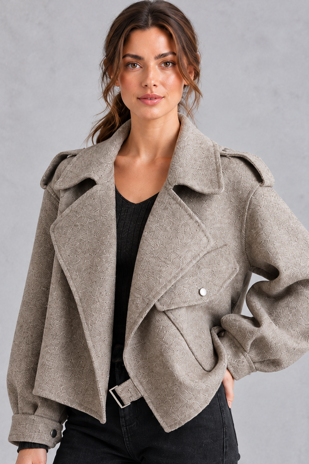 Women's Cropped Wide Lapel Jacket – Taupe
