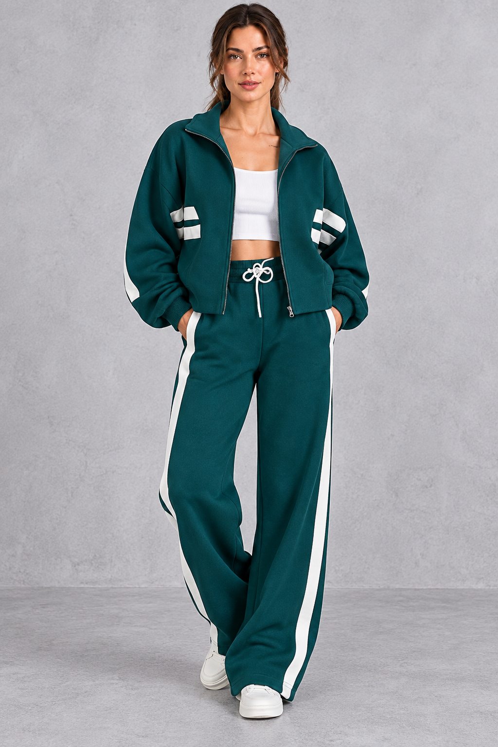 Women's side stripe tracksuit shown in an alternate color