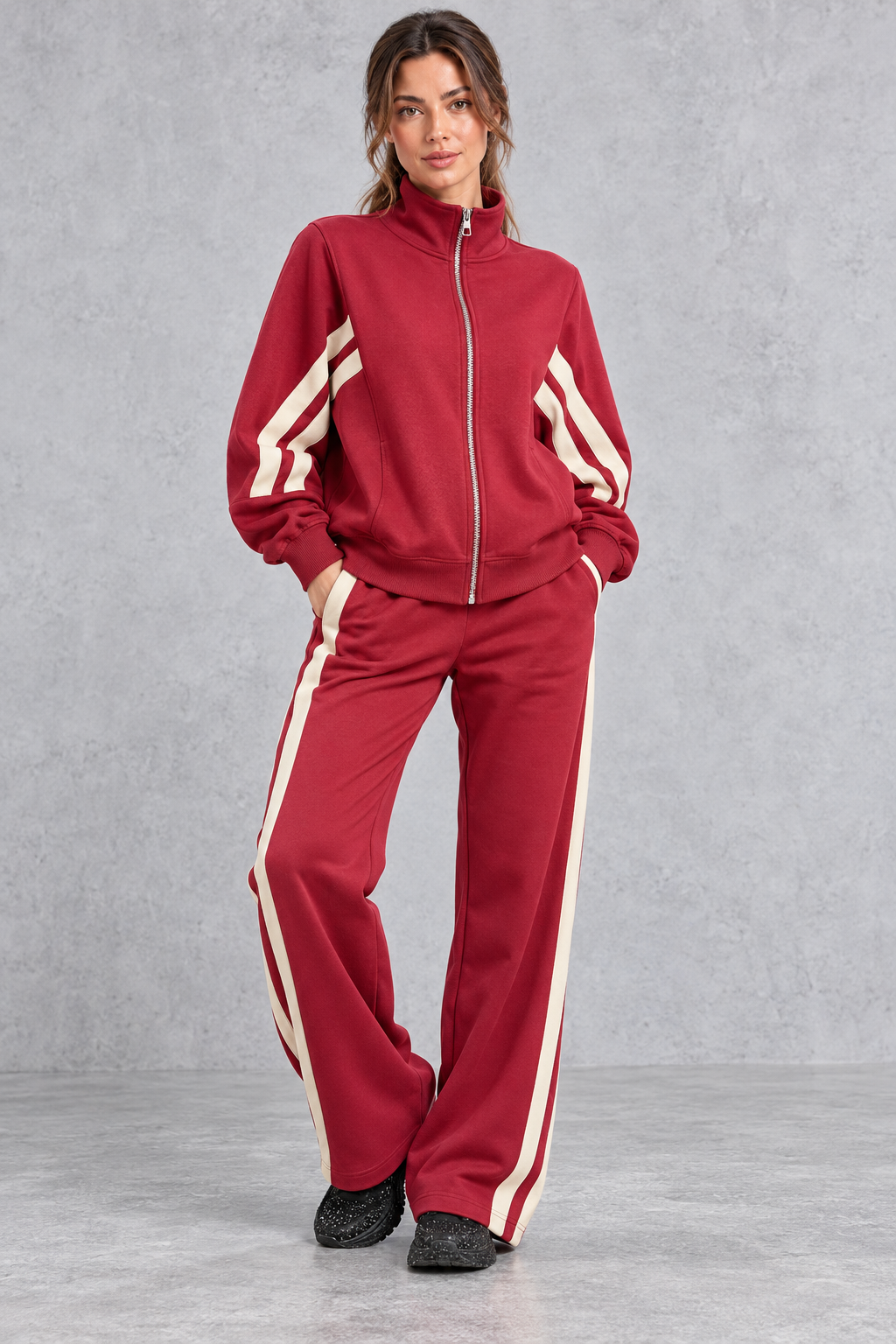 Retro tracksuit set styled with sneakers for a casual look