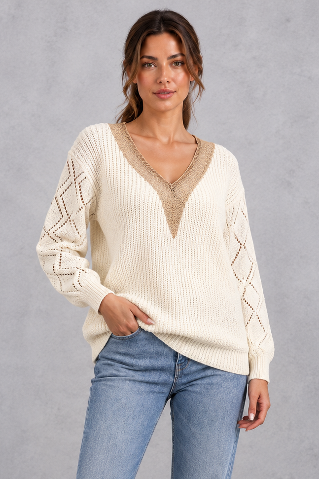 Women's Deep V-Neck Knitted Sweater – Cream