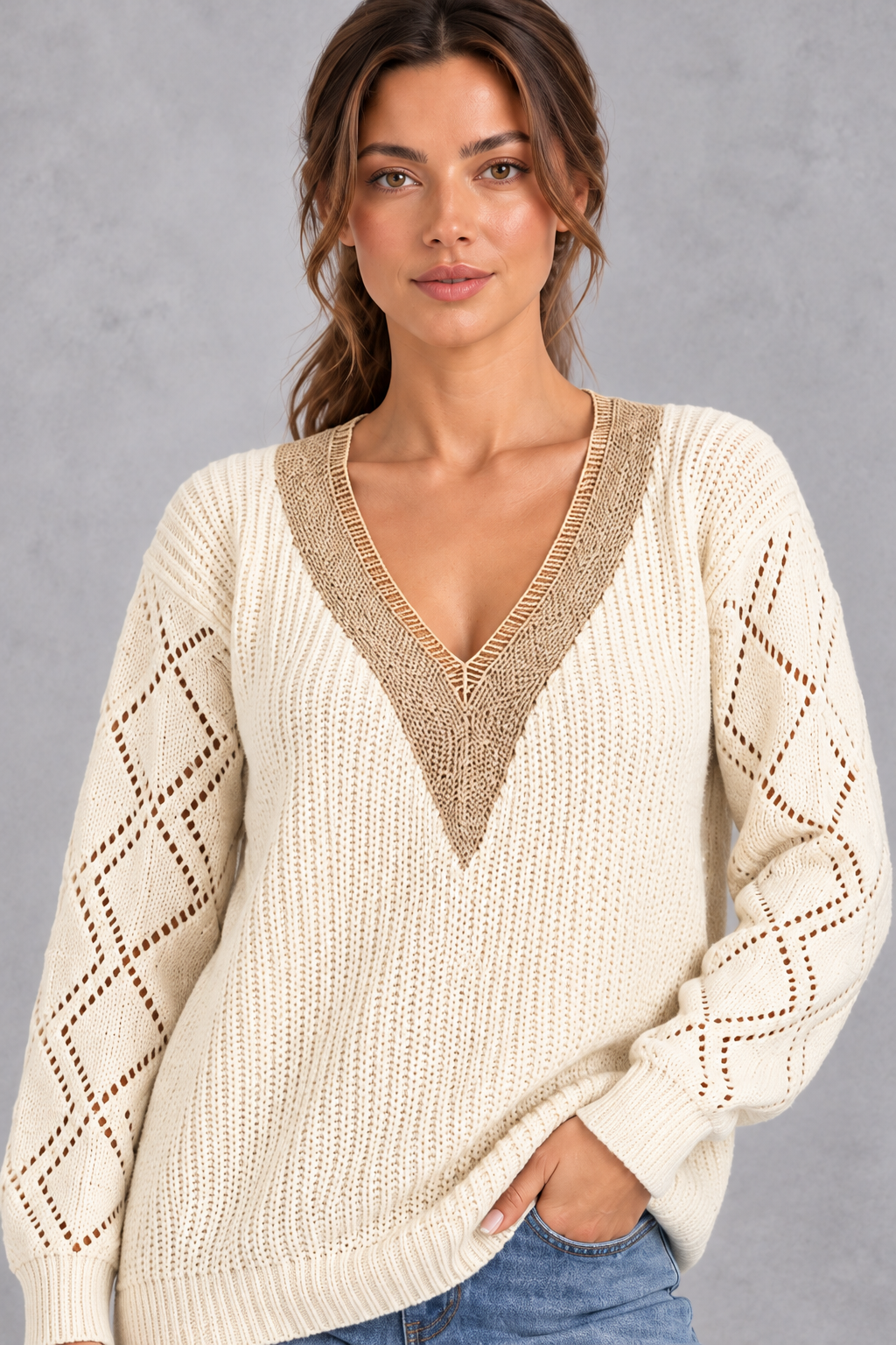 Women's Deep V-Neck Knitted Sweater – Cream