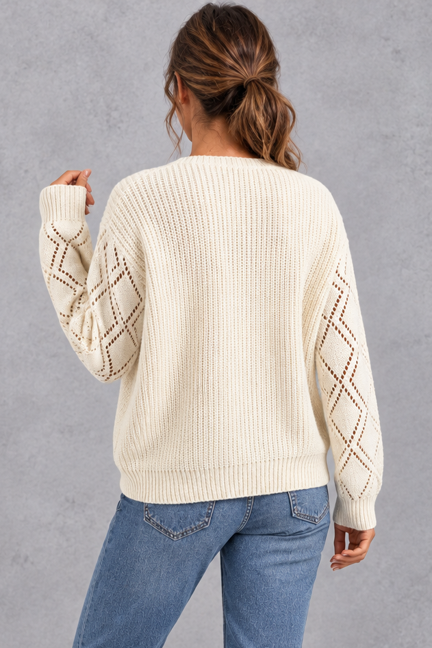 Women's Deep V-Neck Knitted Sweater – Cream