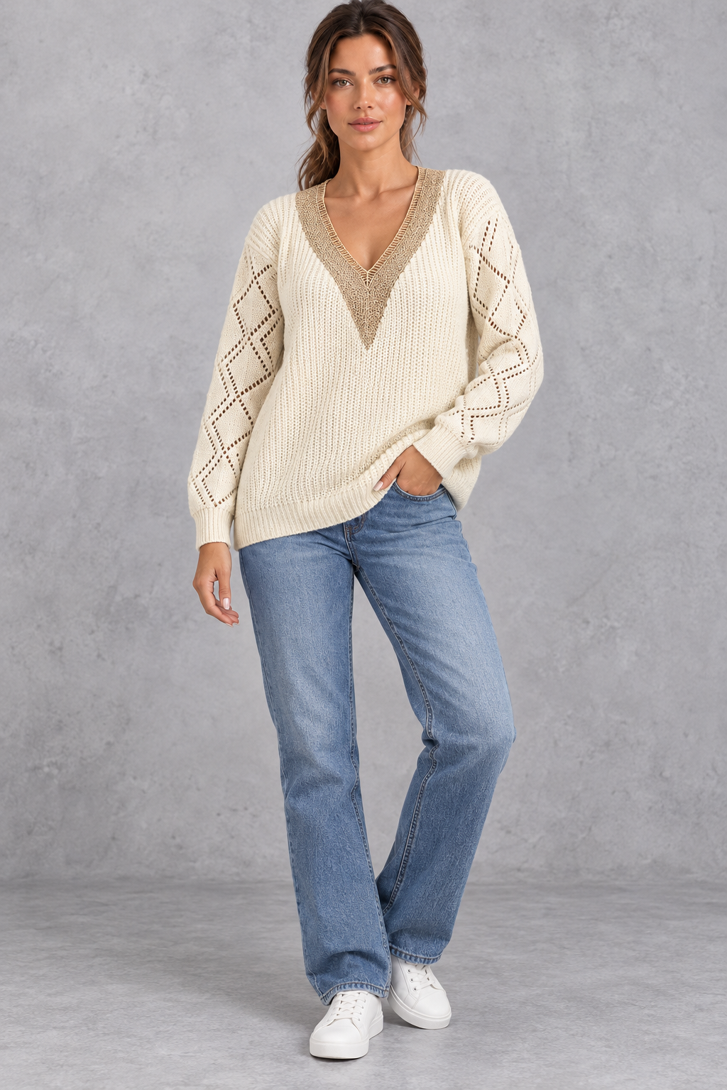 Women's Deep V-Neck Knitted Sweater – Cream