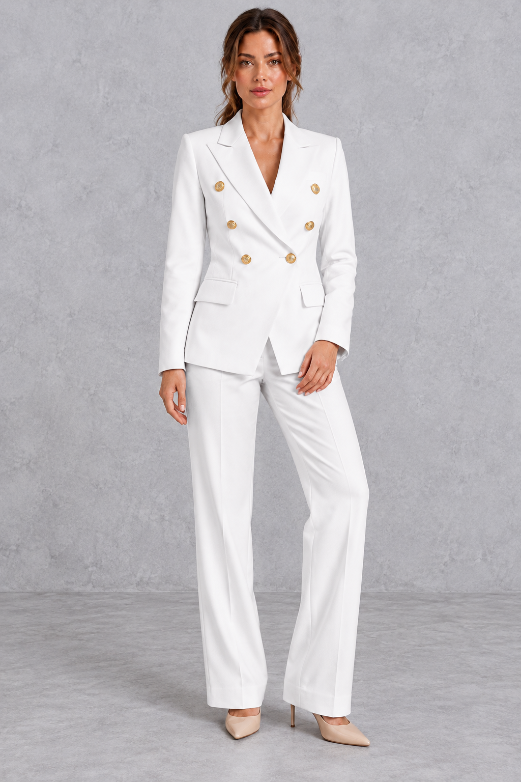 Women's Double-Breasted Blazer & Pants Suit Set – White