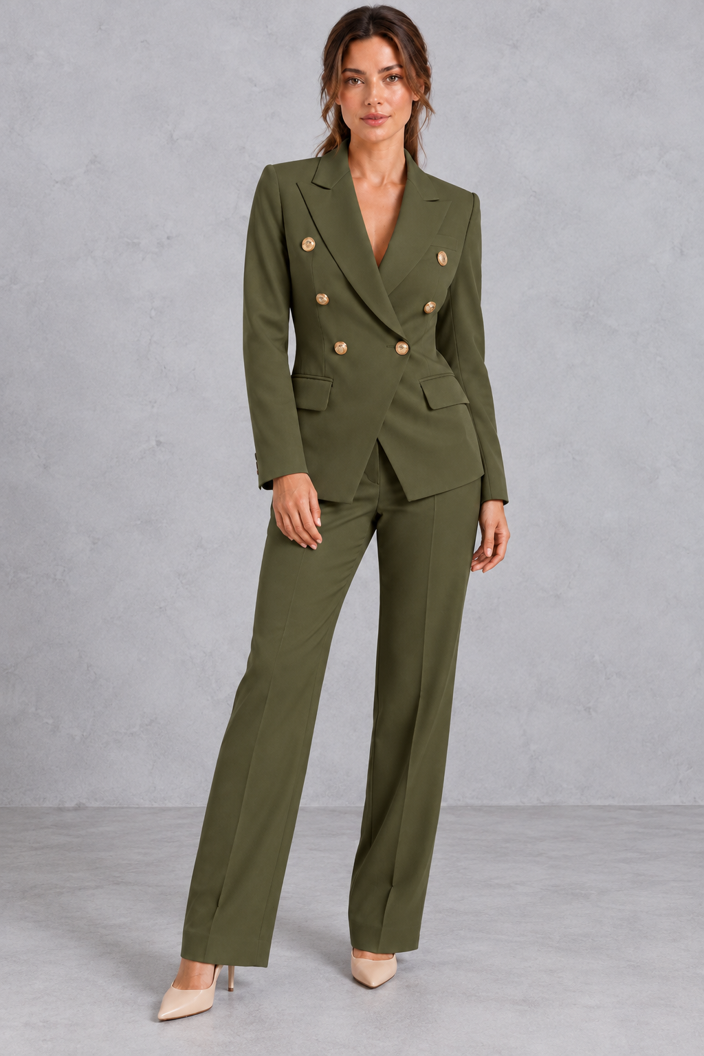 Women's Double-Breasted Blazer & Pants Suit Set – Olive