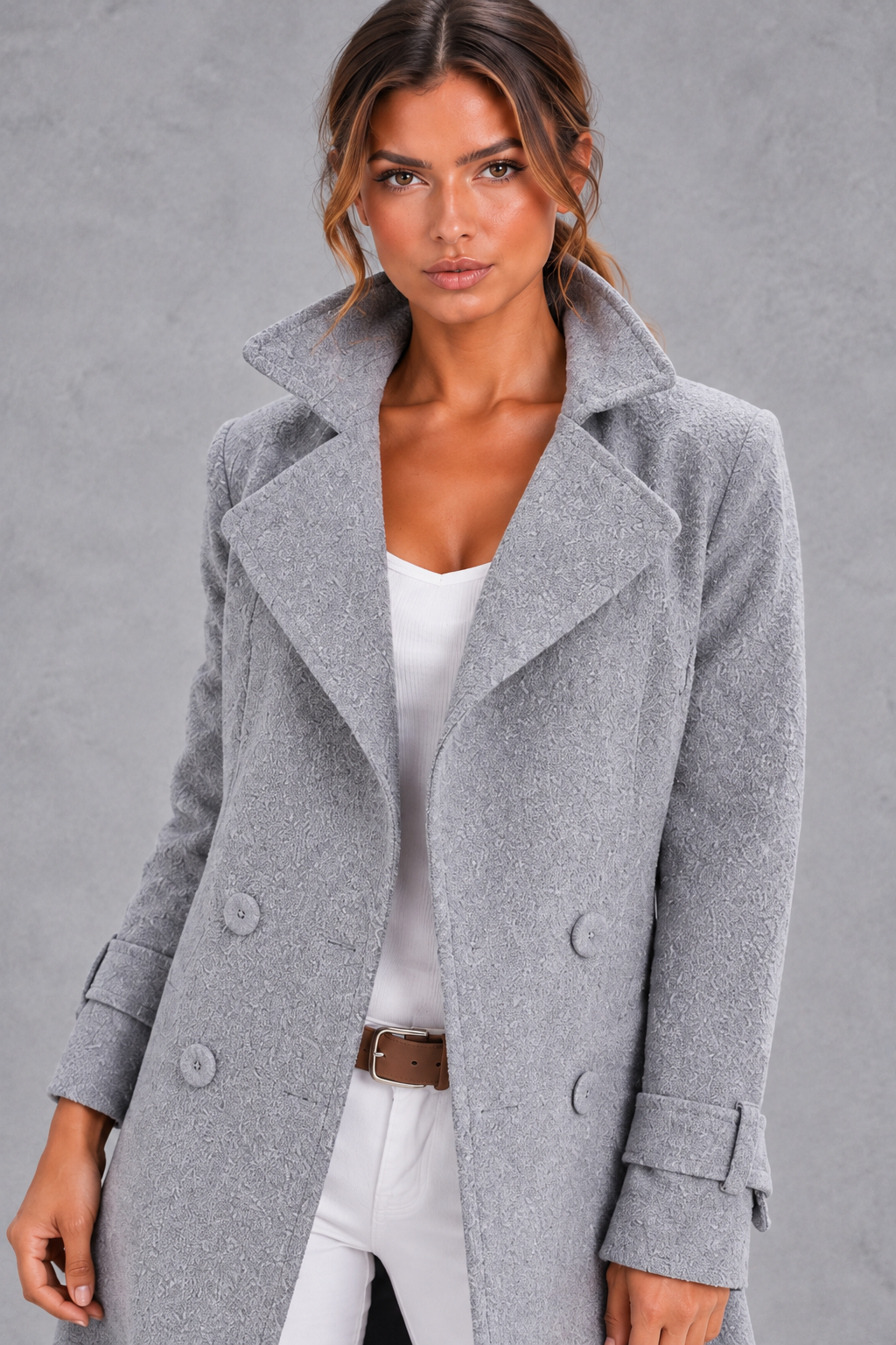 Women's A-Line Double-Breasted Long Coat – Gray