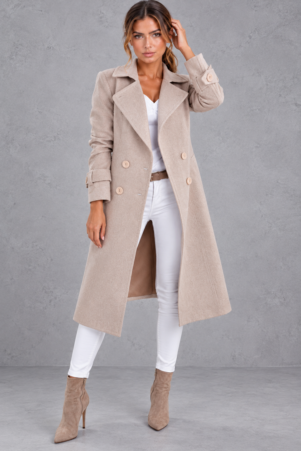 Women's A-Line Double-Breasted Long Coat – Beige