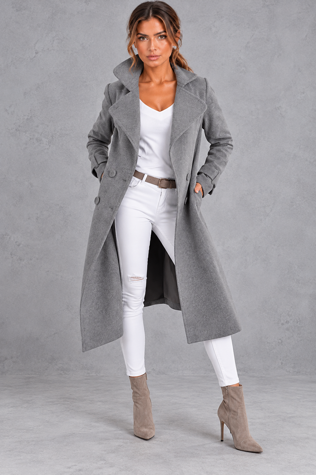 Women's A-Line Double-Breasted Long Coat – Dark Gray