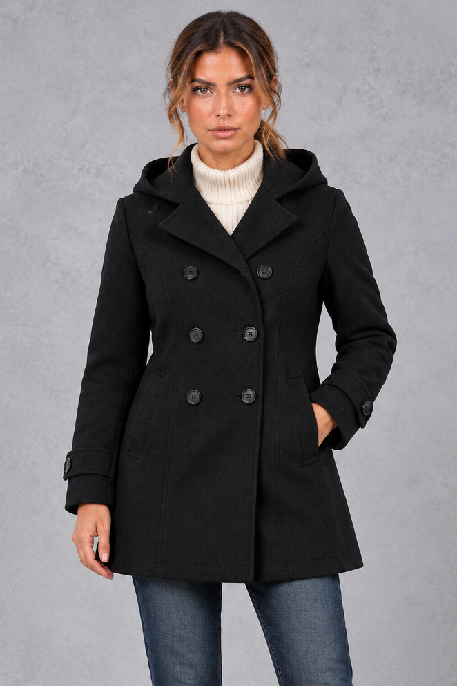 Women's Double-Breasted Pea Coat – Black