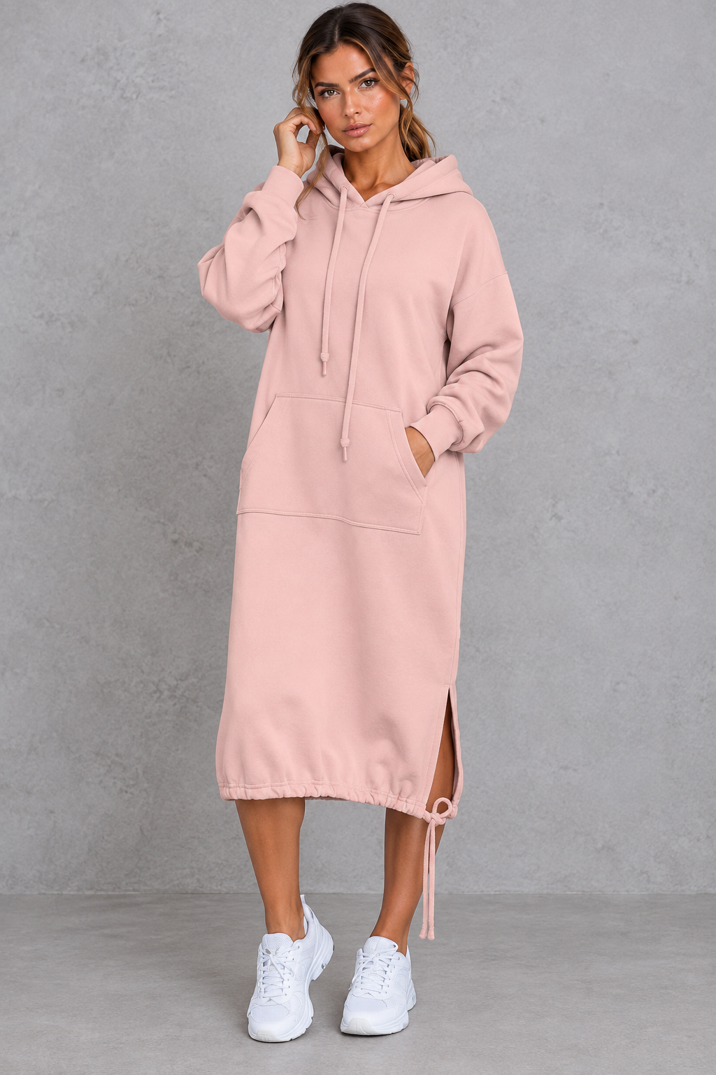 Women's hooded sweatshirt midi dress with drawstring hood and front pouch pocket, front view