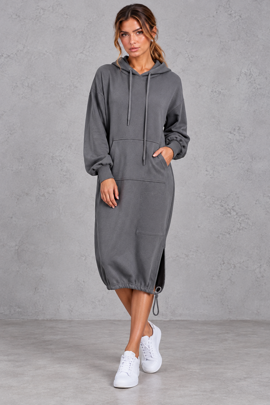 Close-up of the adjustable drawstring hood on a women's hoodie dress