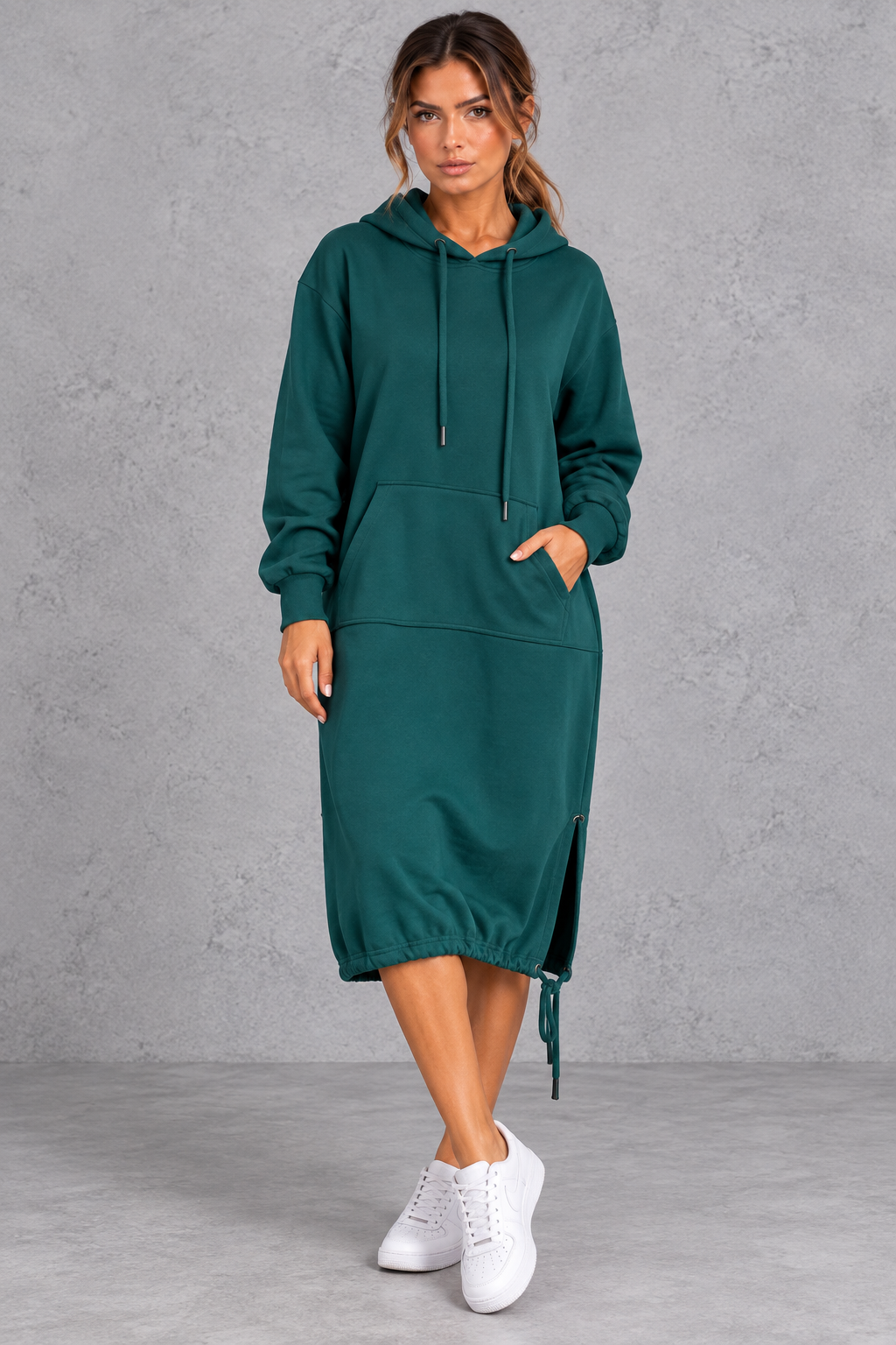 Women's sweatshirt midi dress with ribbed cuffs, side view