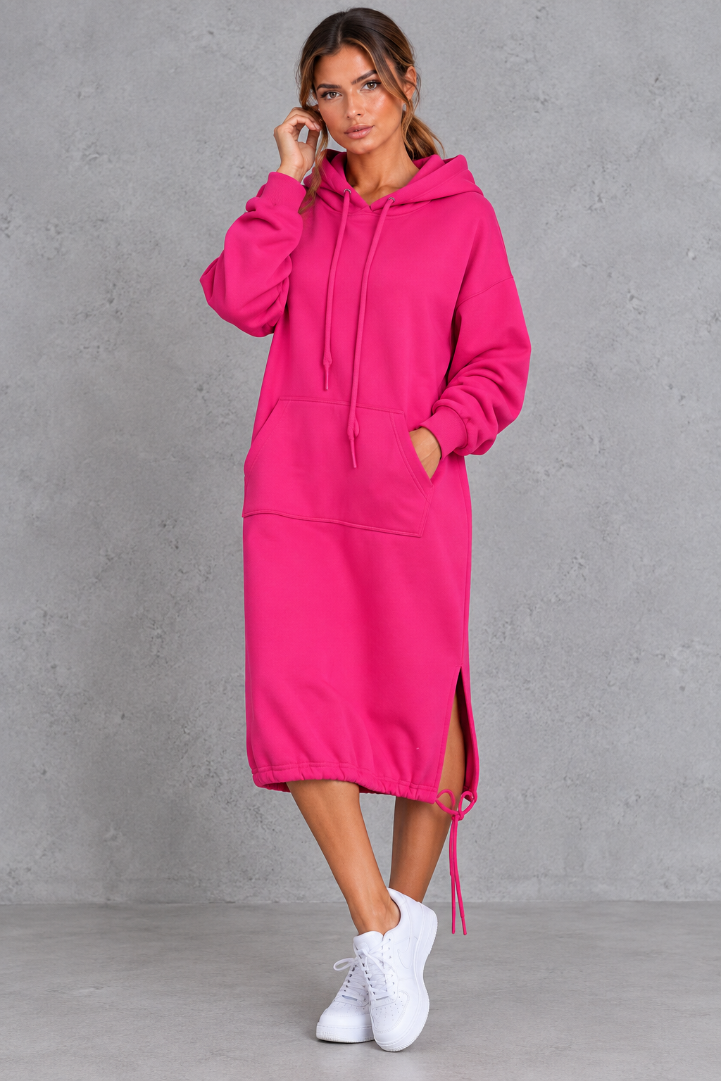 Women's hooded midi dress color options shown together