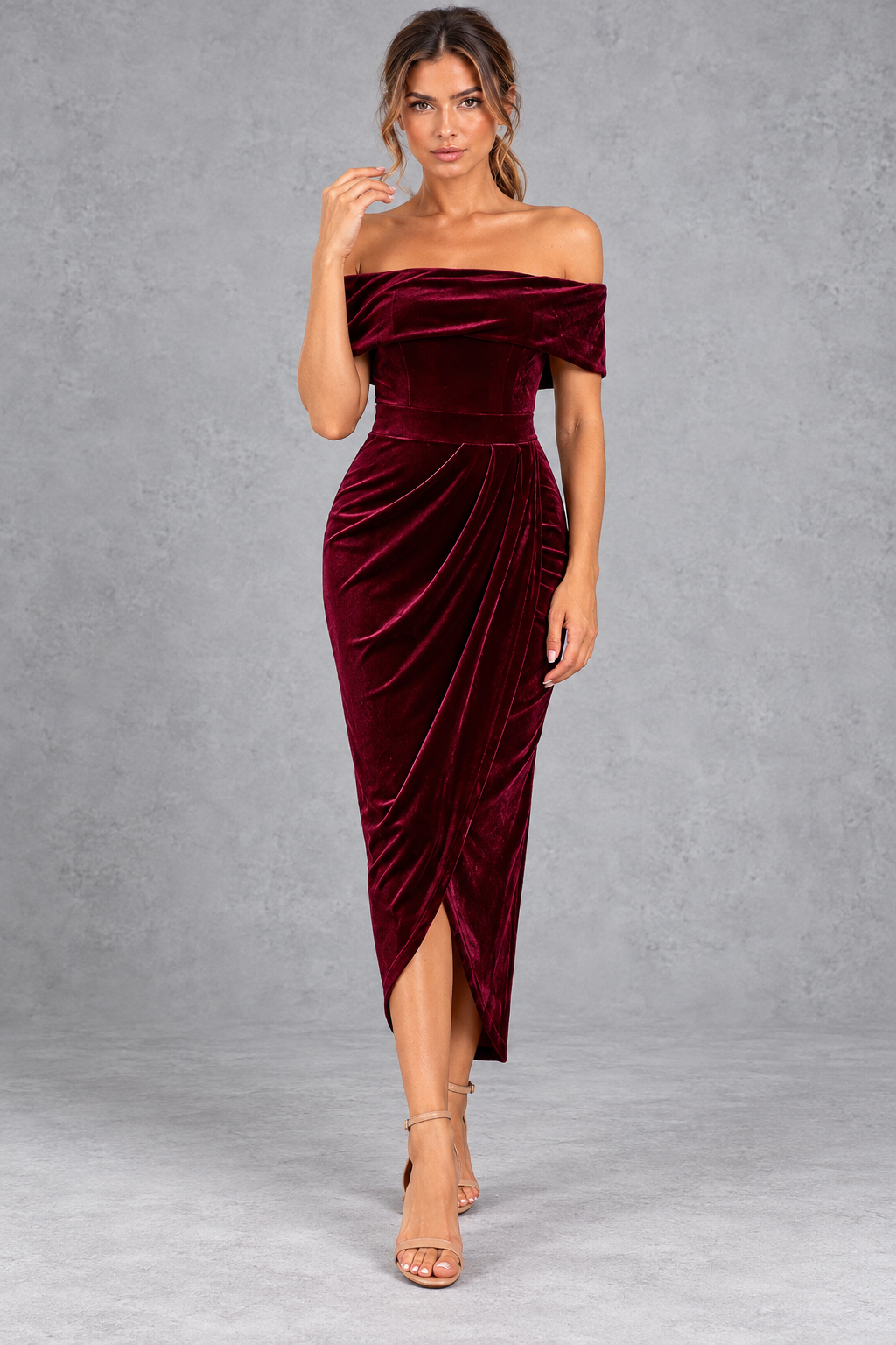 Women's Velvet-Look Off-Shoulder Midi Dress – Wine Red