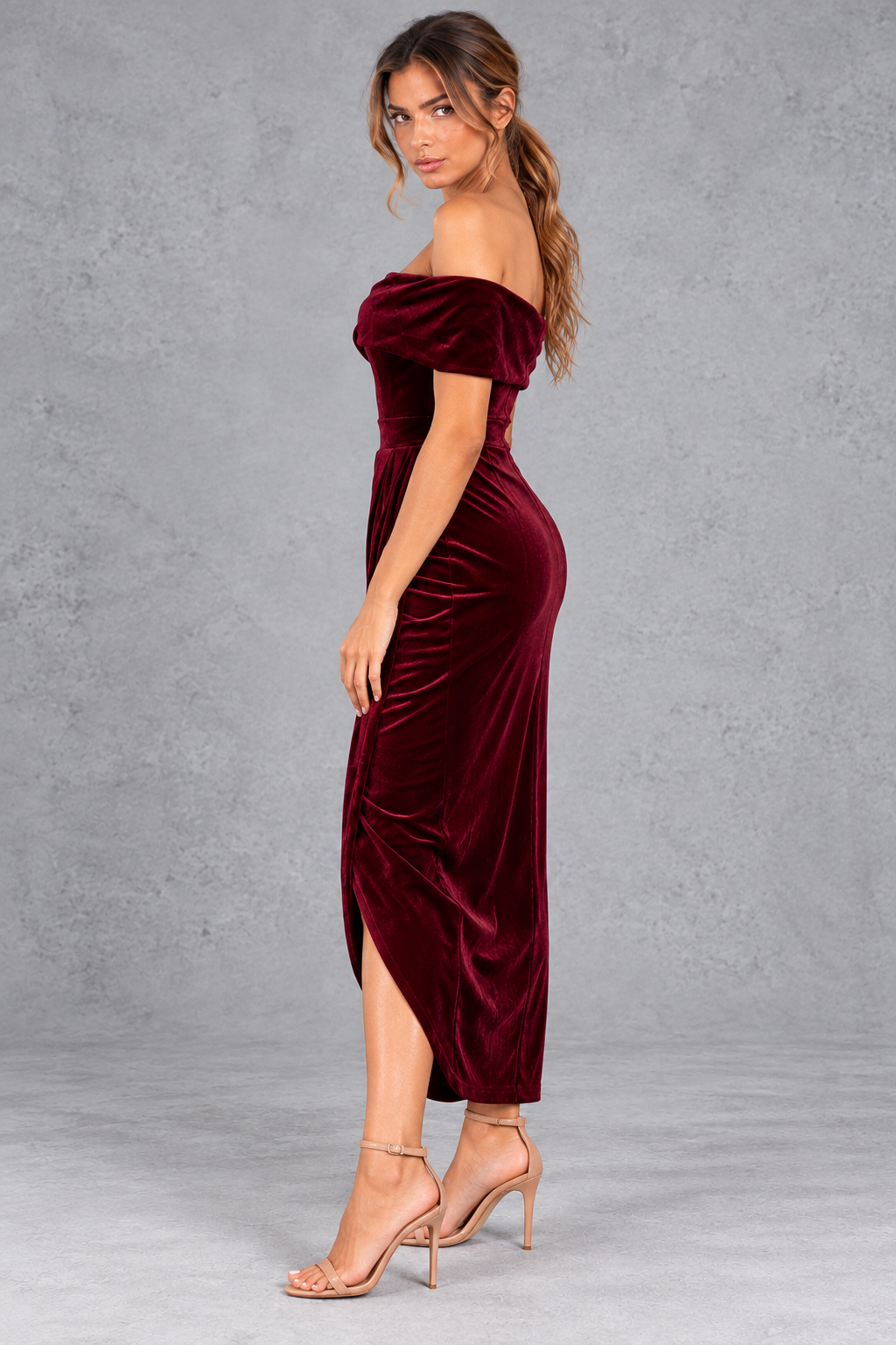 Women's Velvet-Look Off-Shoulder Midi Dress – Wine Red