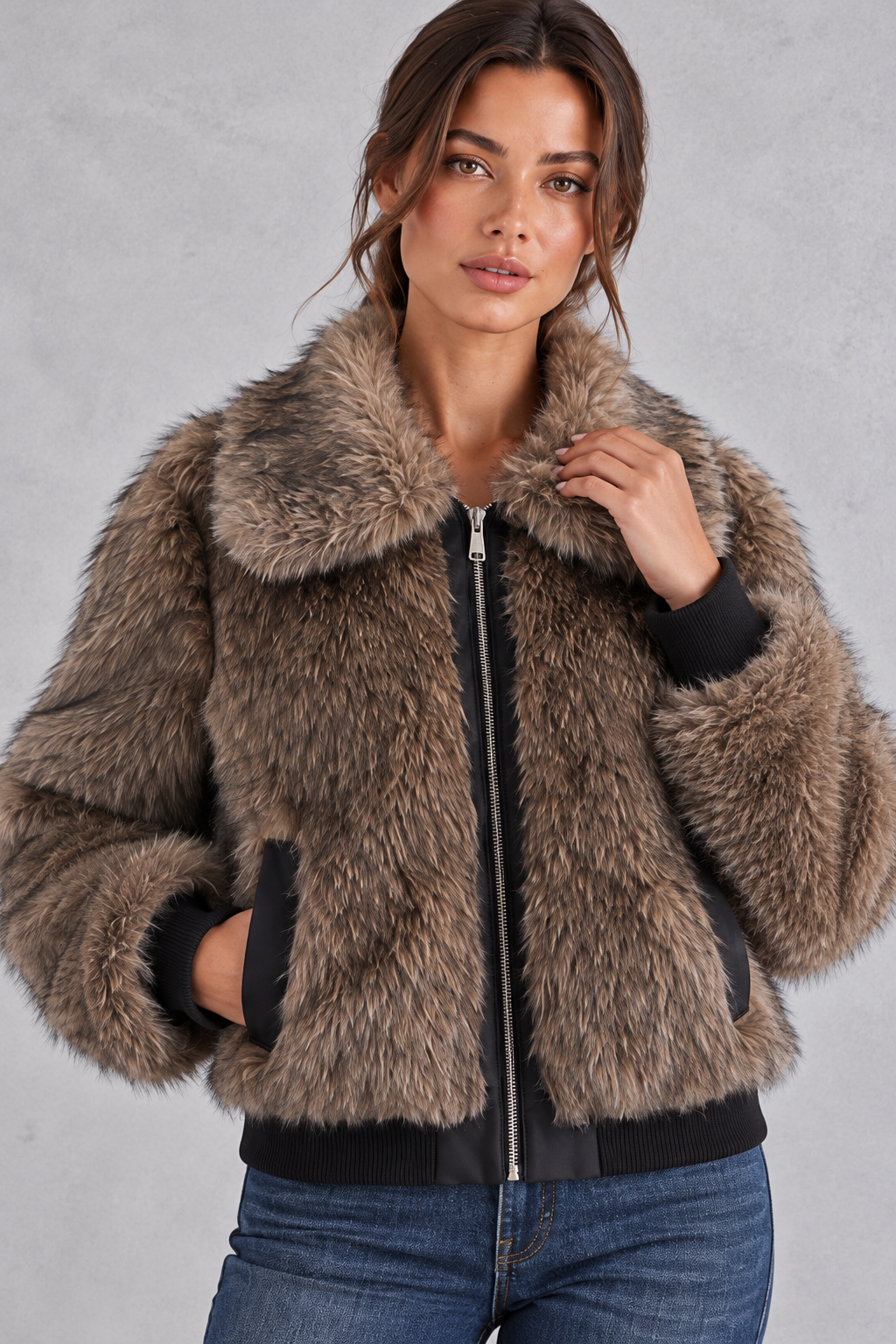 Women's Cropped Faux Fur Bomber Jacket – Brown
