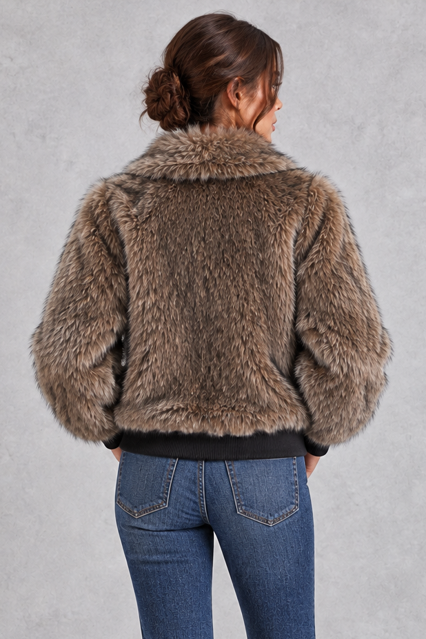 Women's Cropped Faux Fur Bomber Jacket – Brown