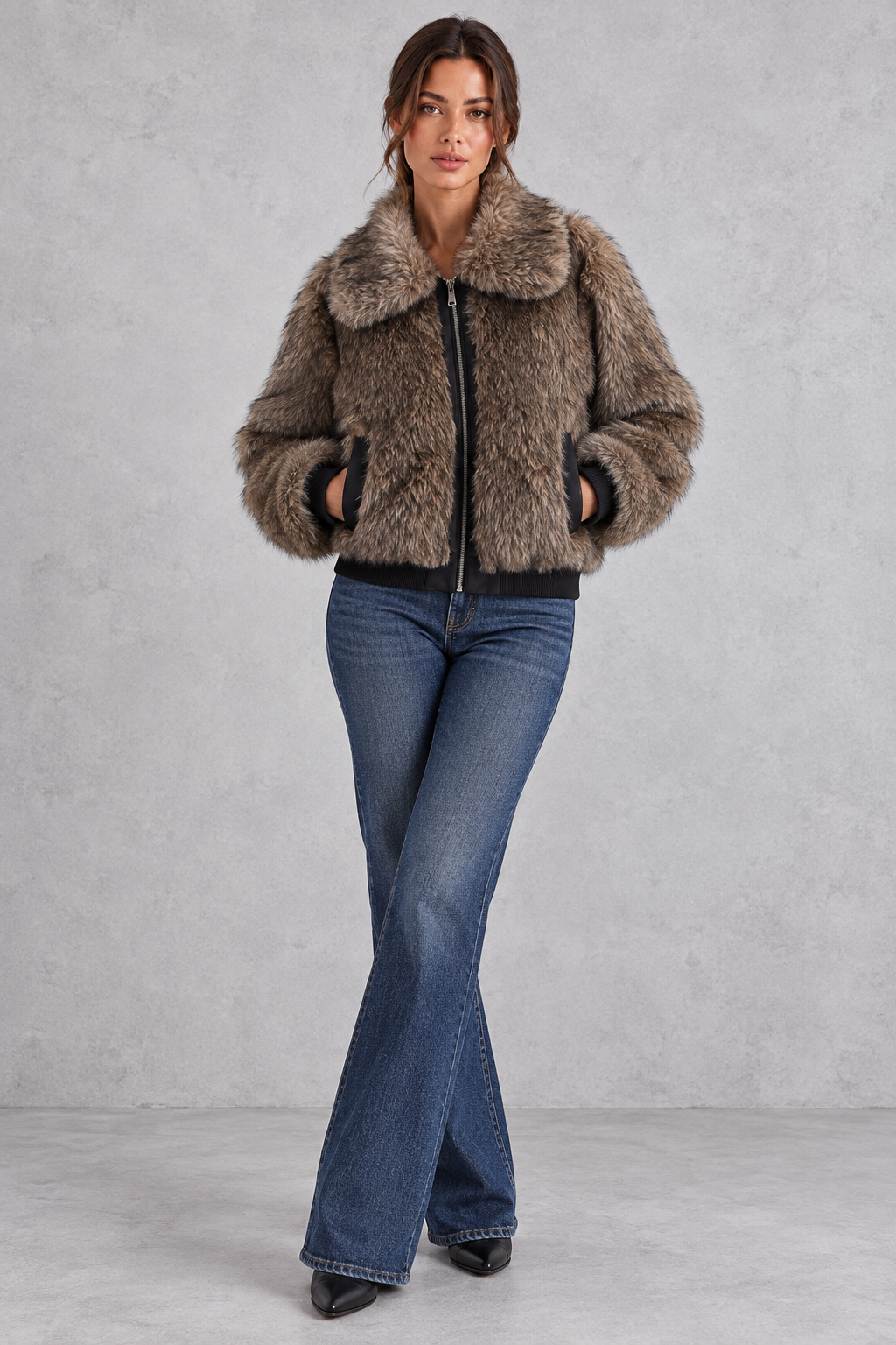 Women's Cropped Faux Fur Bomber Jacket – Brown