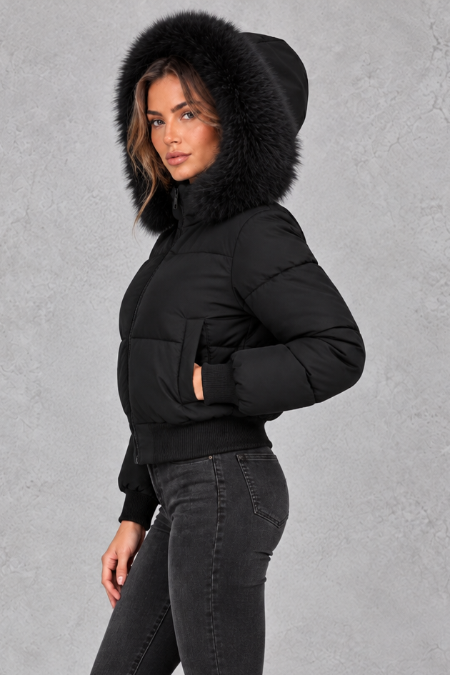 Back view of faux fur collar puffer jacket