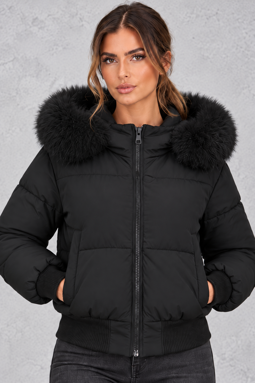 Close-up of plush faux fur collar and front zipper