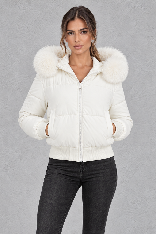 Faux fur collar puffer jacket shown in white