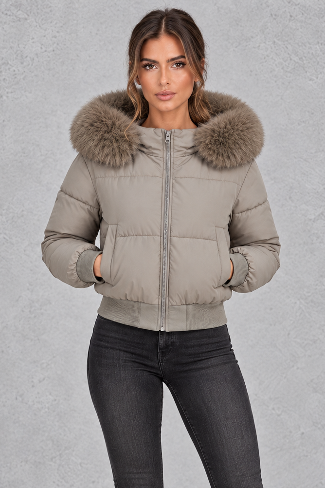 Faux fur collar puffer jacket shown in taupe