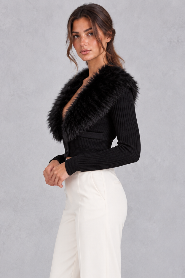 Faux fur collar cardigan in black