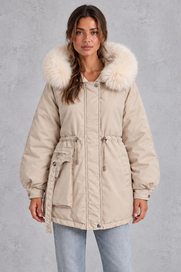 Women's lightweight utility parka with faux fur hood, front view