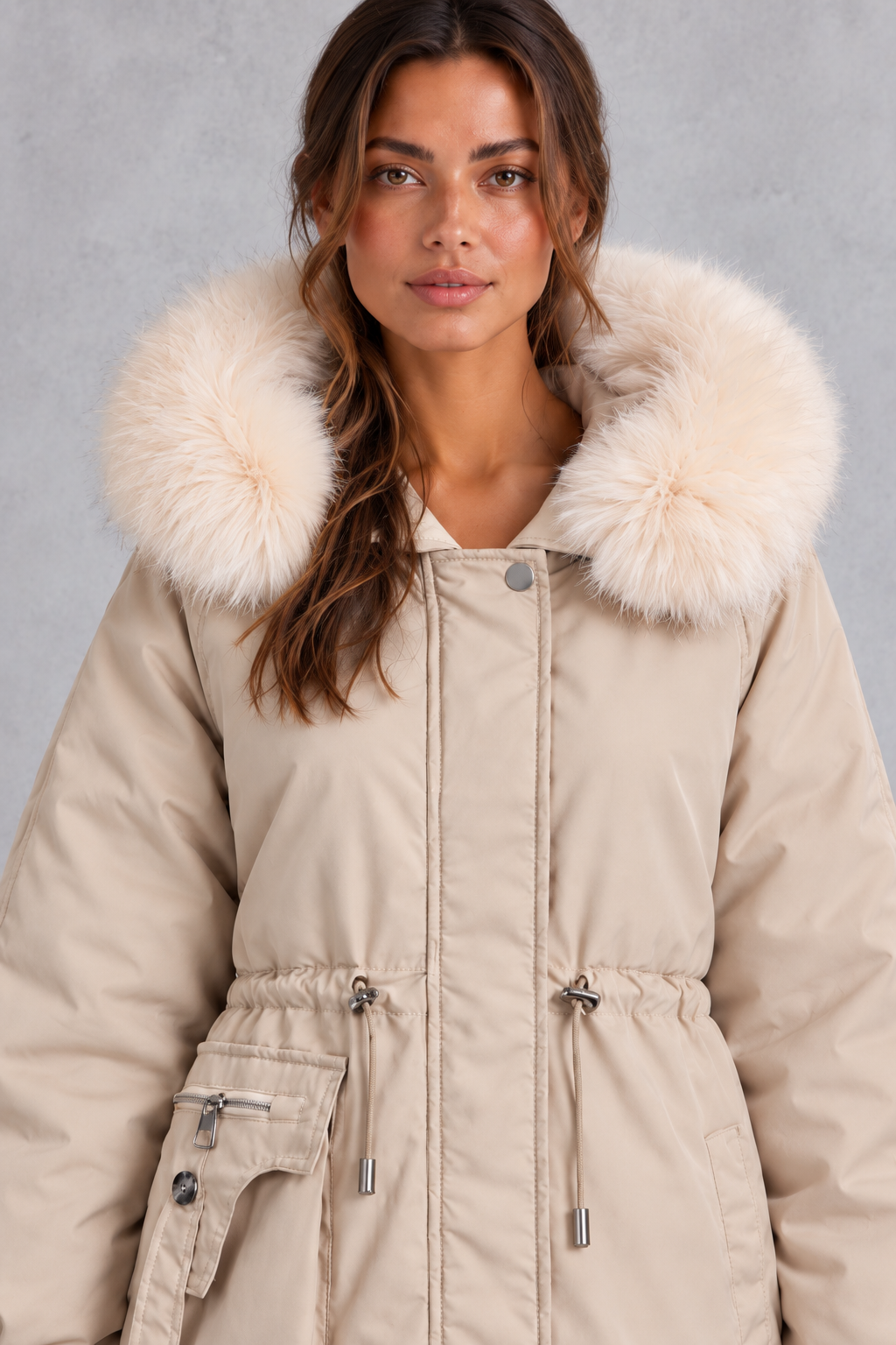 Close-up of the faux fur-trimmed hood