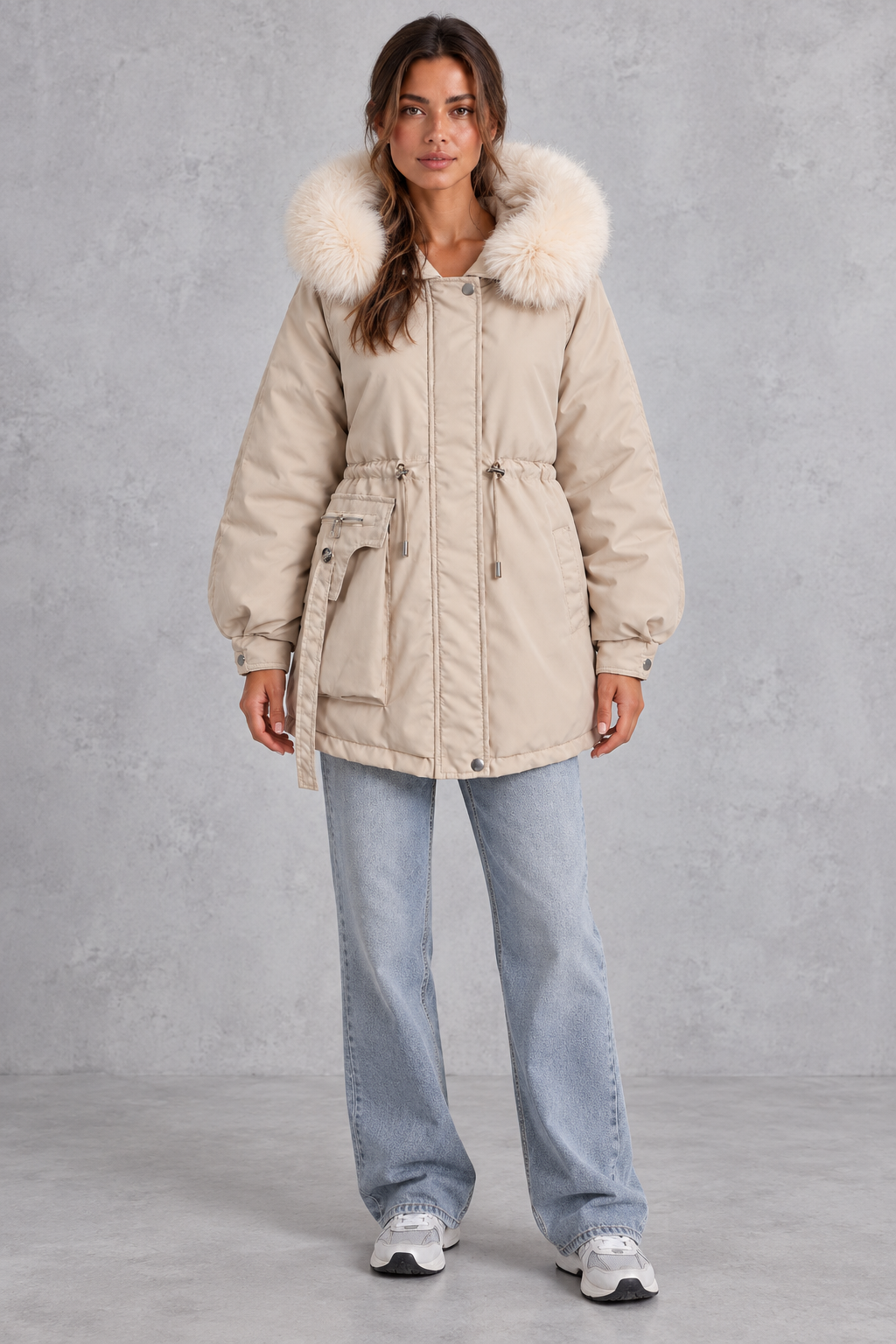 Adjustable cuff detail on the parka sleeve