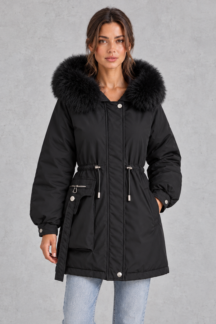 Lightweight parka shown in cream, brown and black