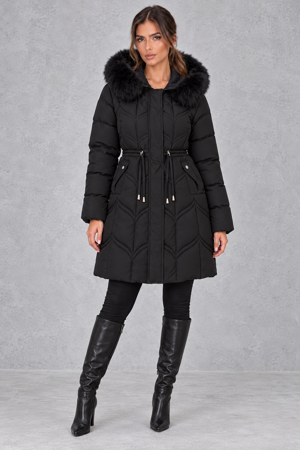 Women's quilted puffer parka with faux fur hood, front view