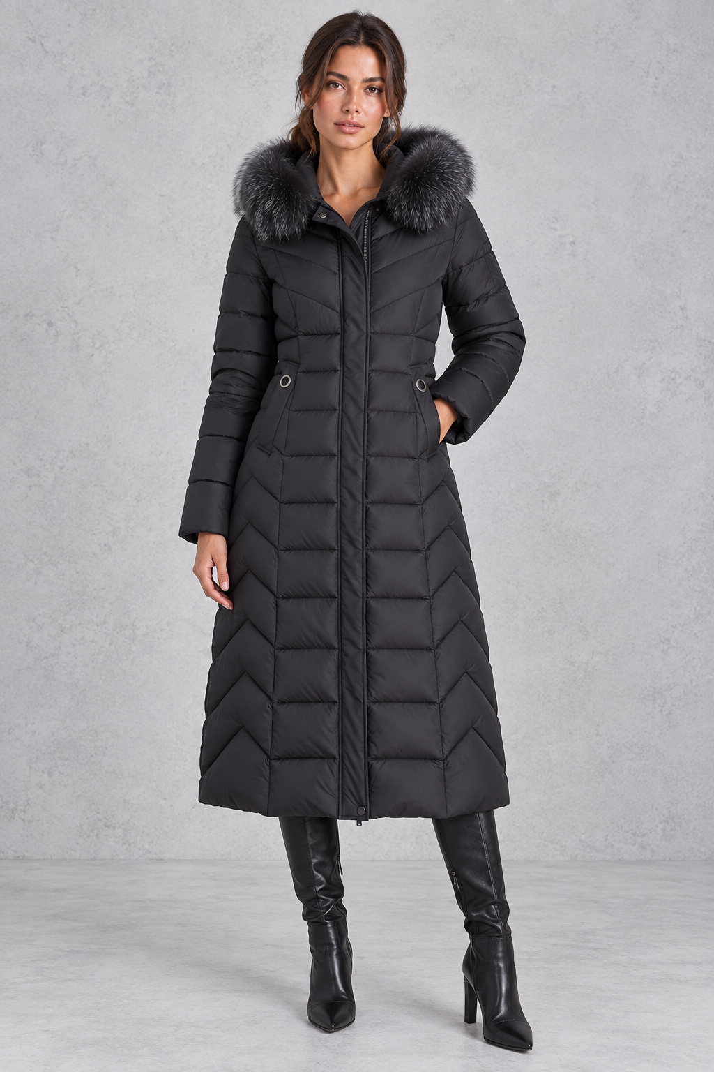 Chevron quilted puffer coat shown in gray