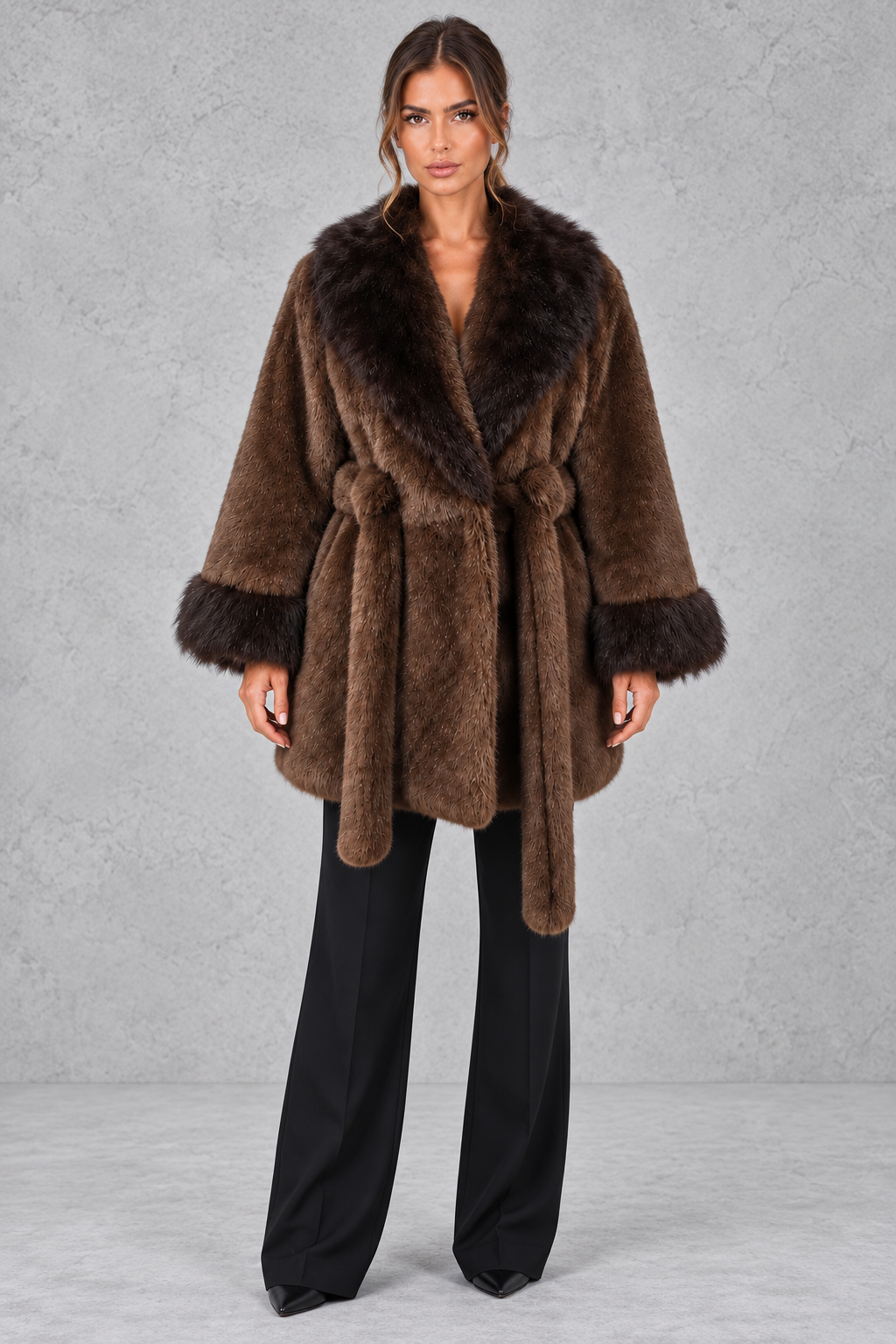 Women's belted wrap coat with faux fur shawl collar, front view