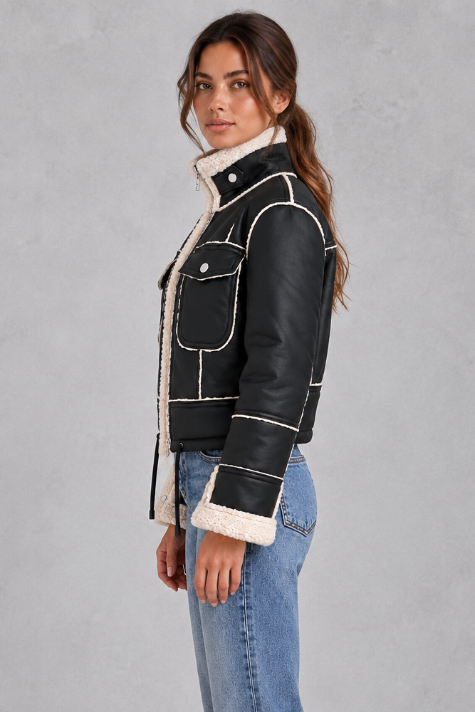 Back view of the cropped faux shearling aviator jacket