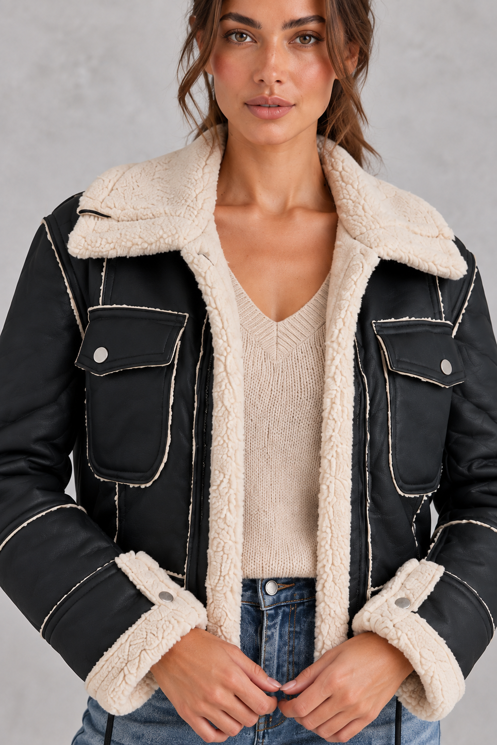 Close-up of the oversized faux shearling collar and silver-tone zipper