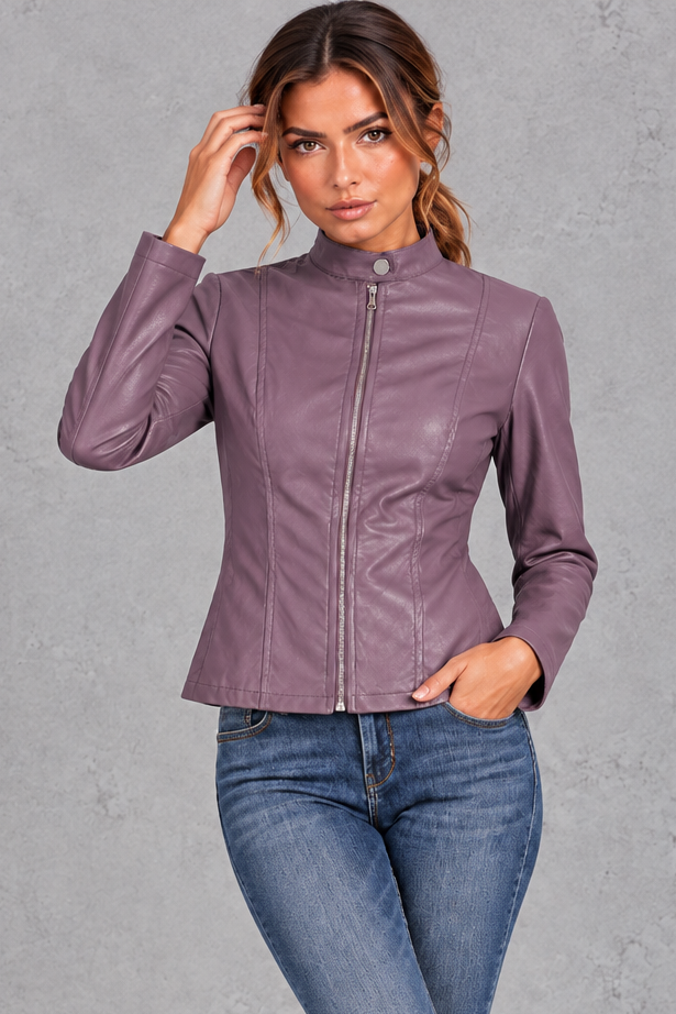 Women's Faux Leather Biker Jacket – Purple