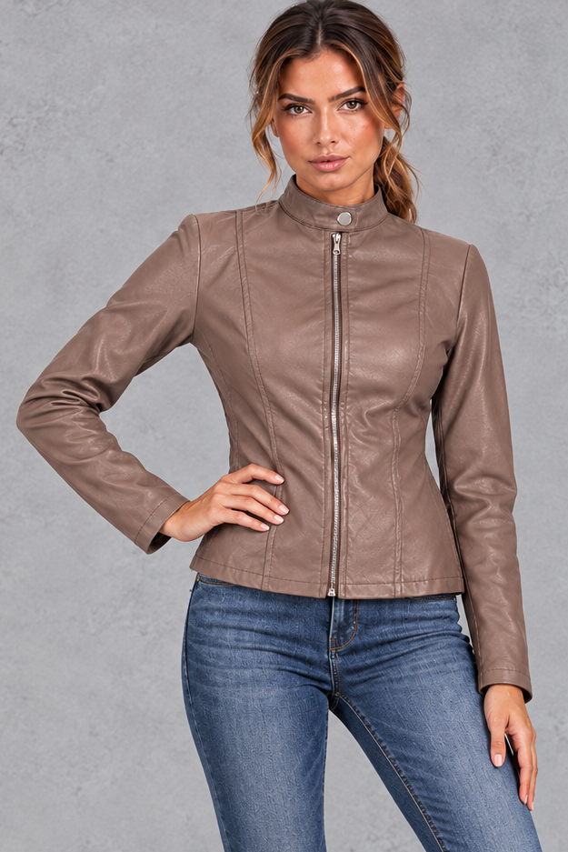 Women's Faux Leather Biker Jacket – Taupe