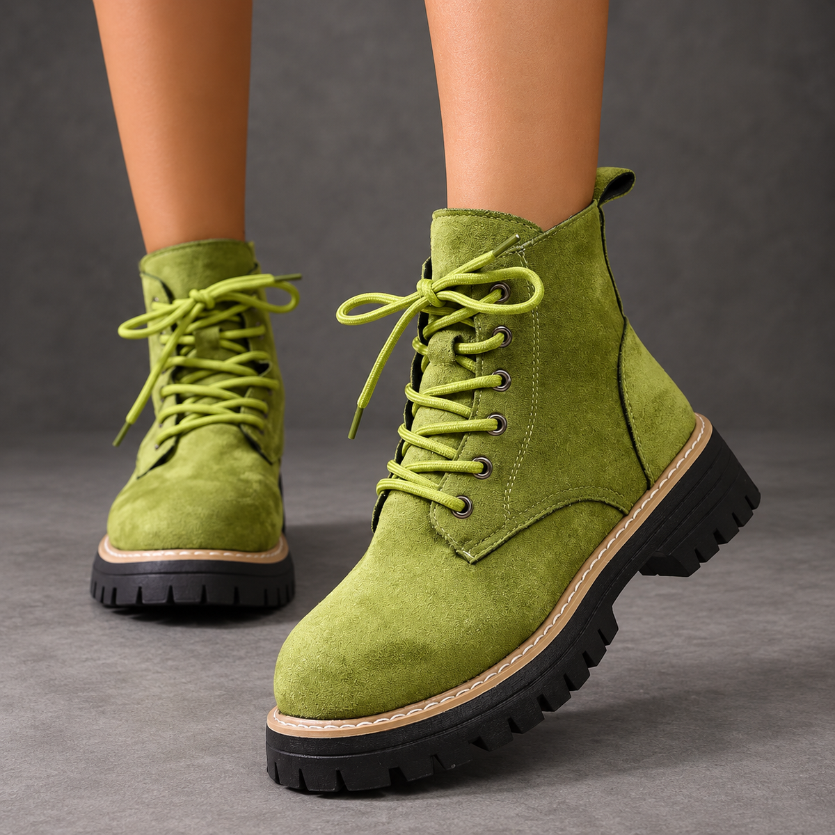 Women's Fleece-Lined Lace-Up Ankle Boots – Light Green