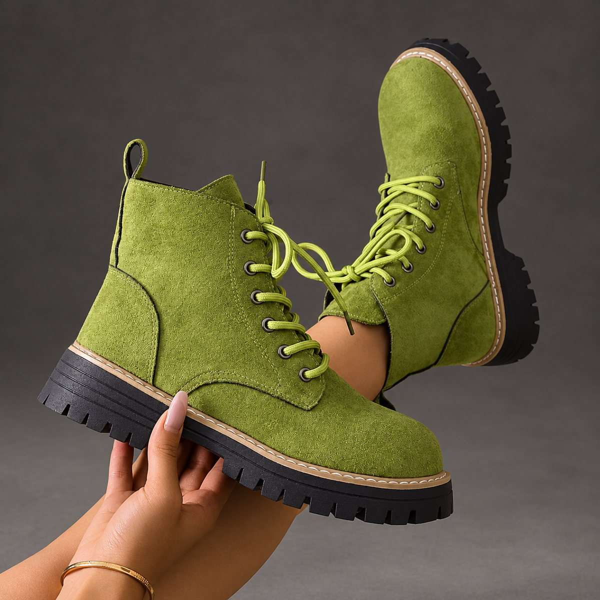 Women's Fleece-Lined Lace-Up Ankle Boots – Light Green