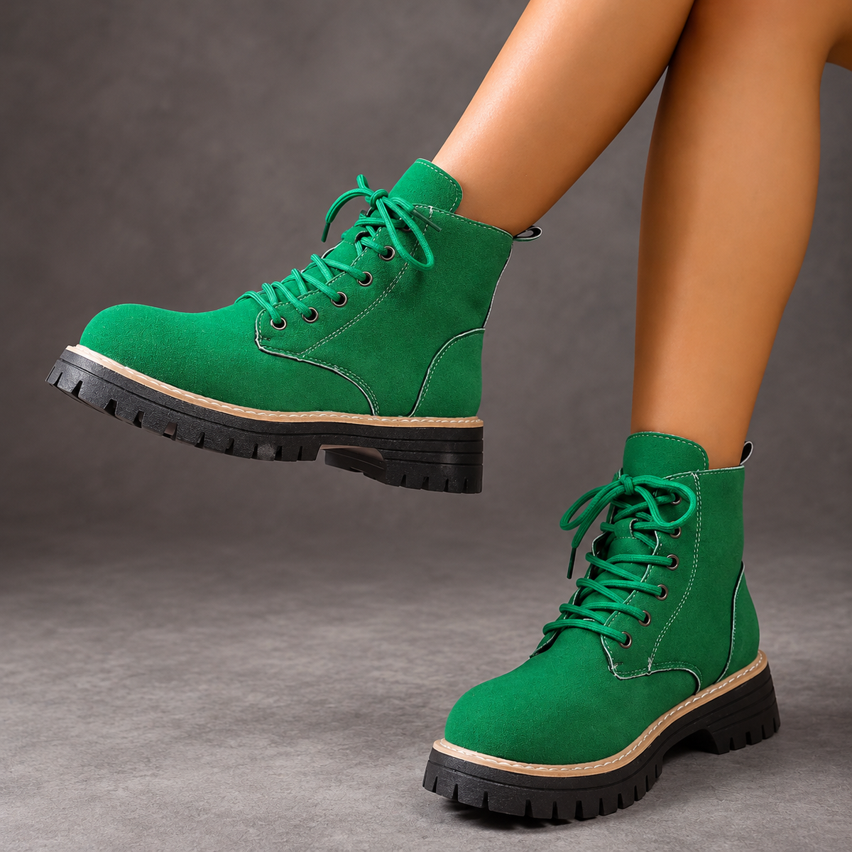 Women's Fleece-Lined Lace-Up Ankle Boots – Green