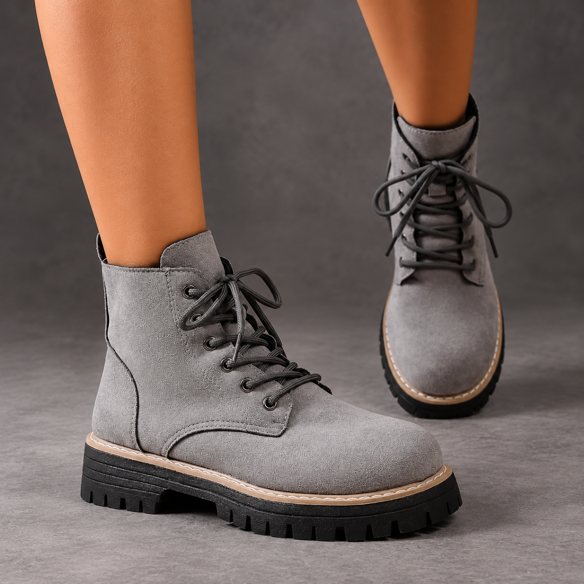 Women's Fleece-Lined Lace-Up Ankle Boots – Gray