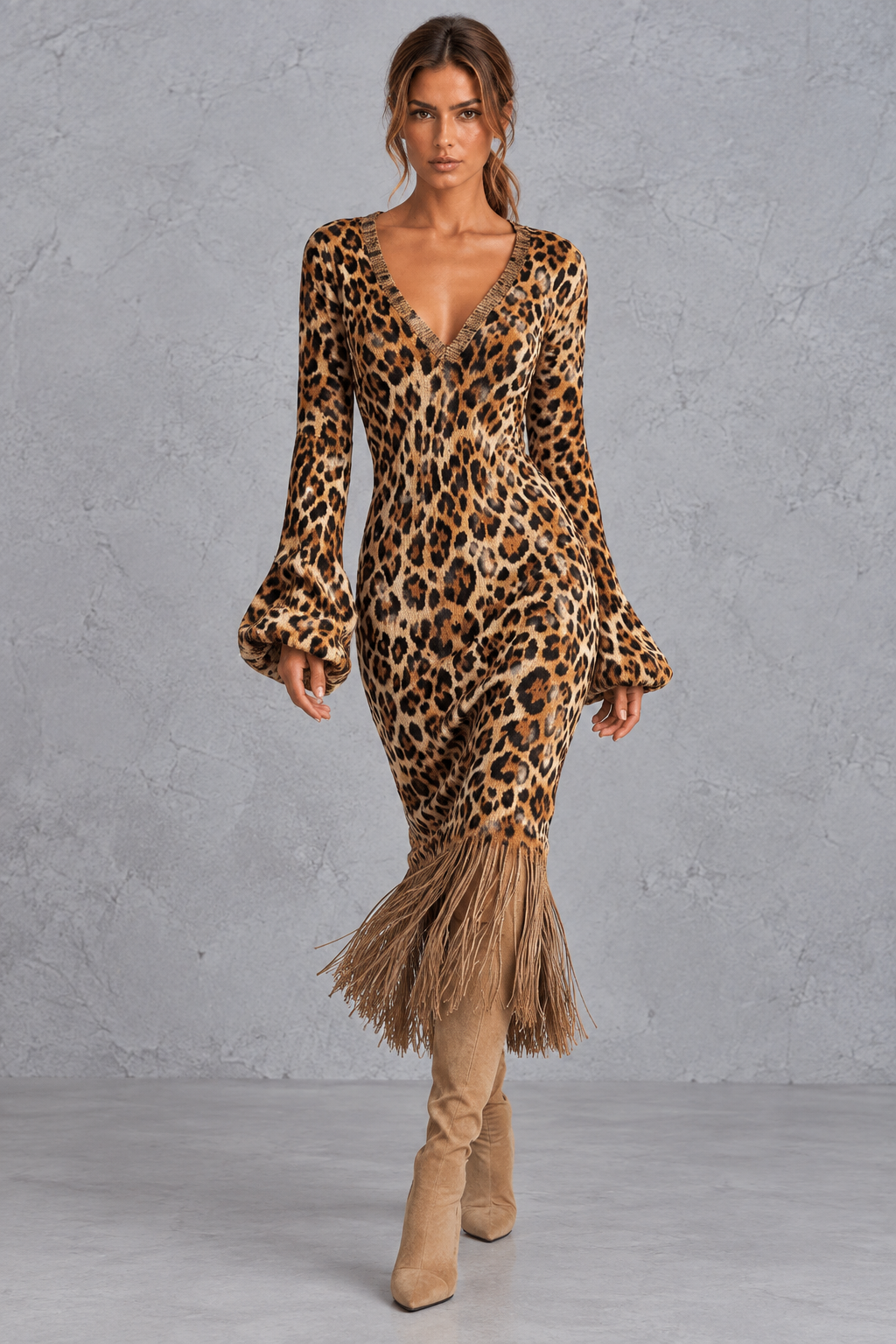 Women's V-neck knit dress in a khaki camo print, front view