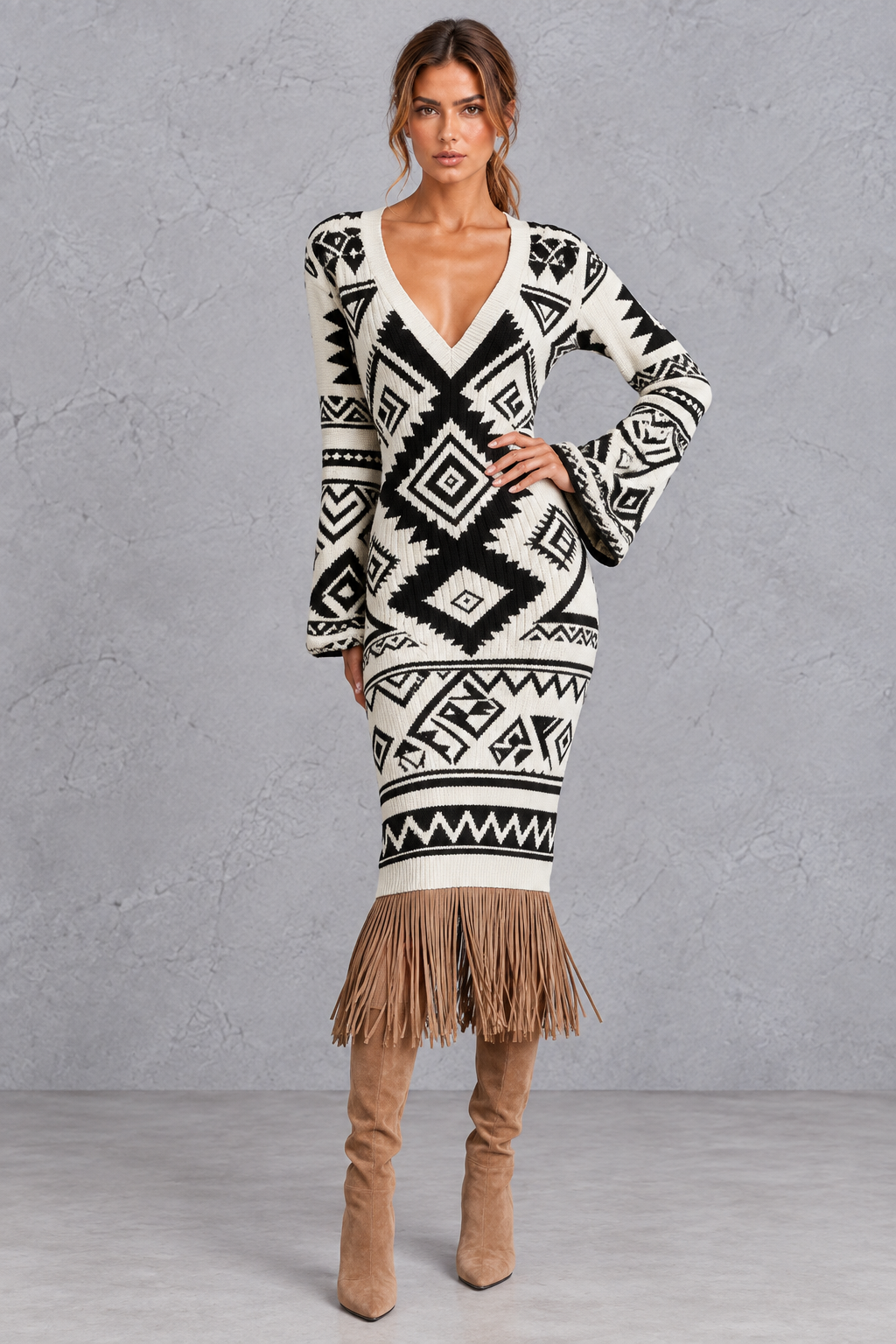 Women's fringe hem sweater dress print options shown together