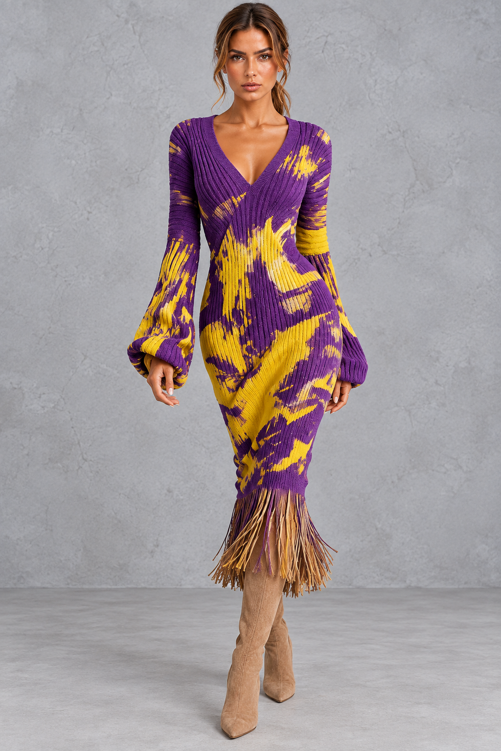 Back view of a women's body-skimming fringe sweater dress
