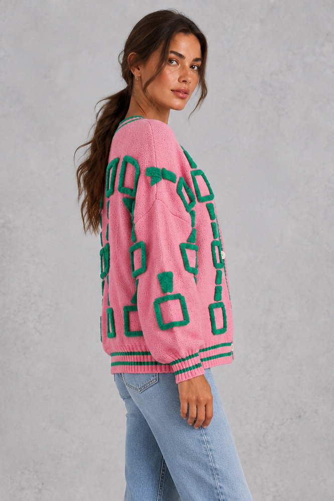 Geometric knit cardigan in pink
