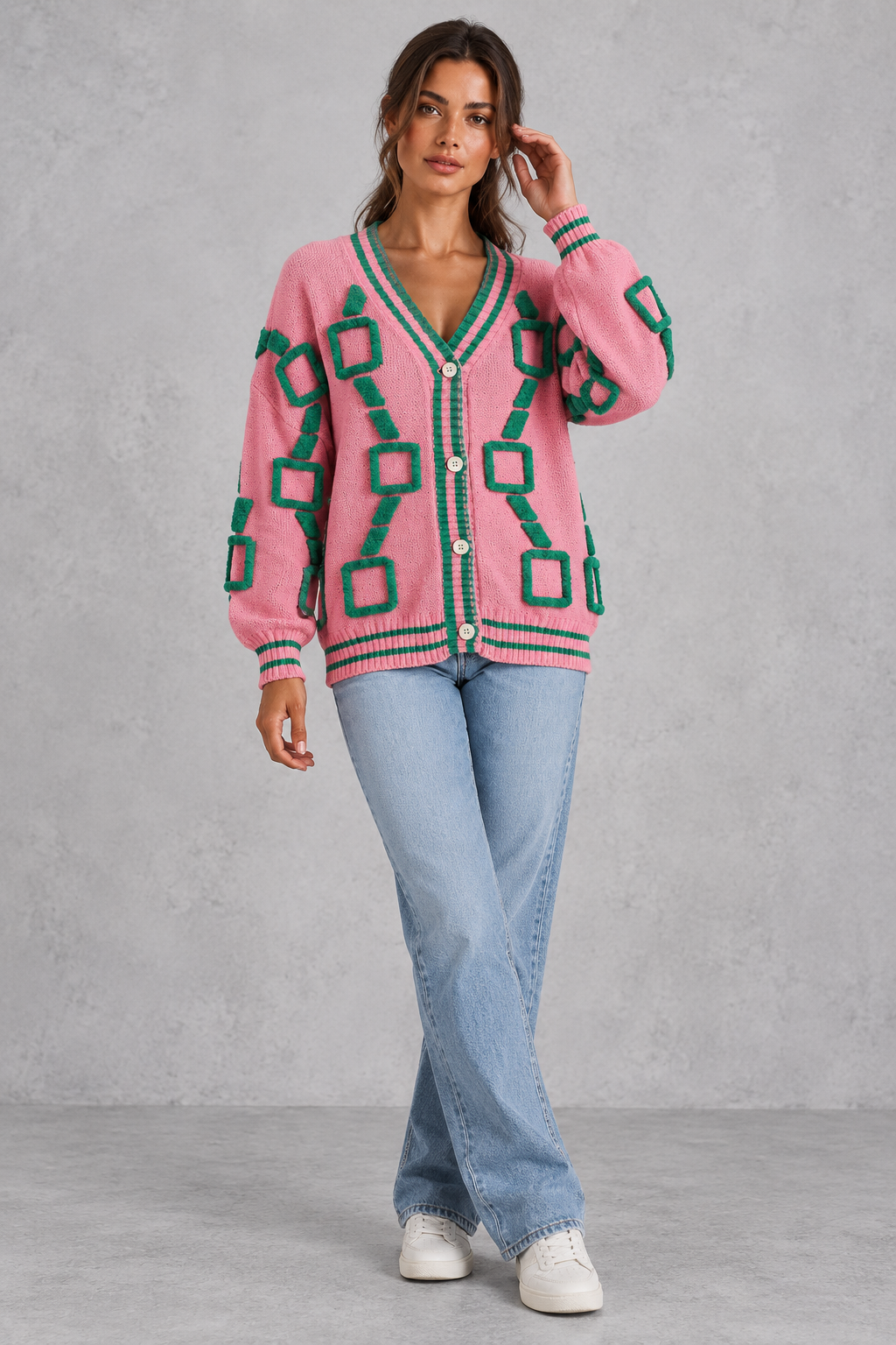 V-neck button cardigan worn open over a tee, styled look