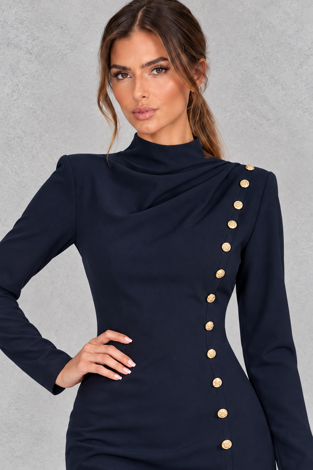 Front view of a women's long sleeve mini dress with draped side detail for cocktail events.