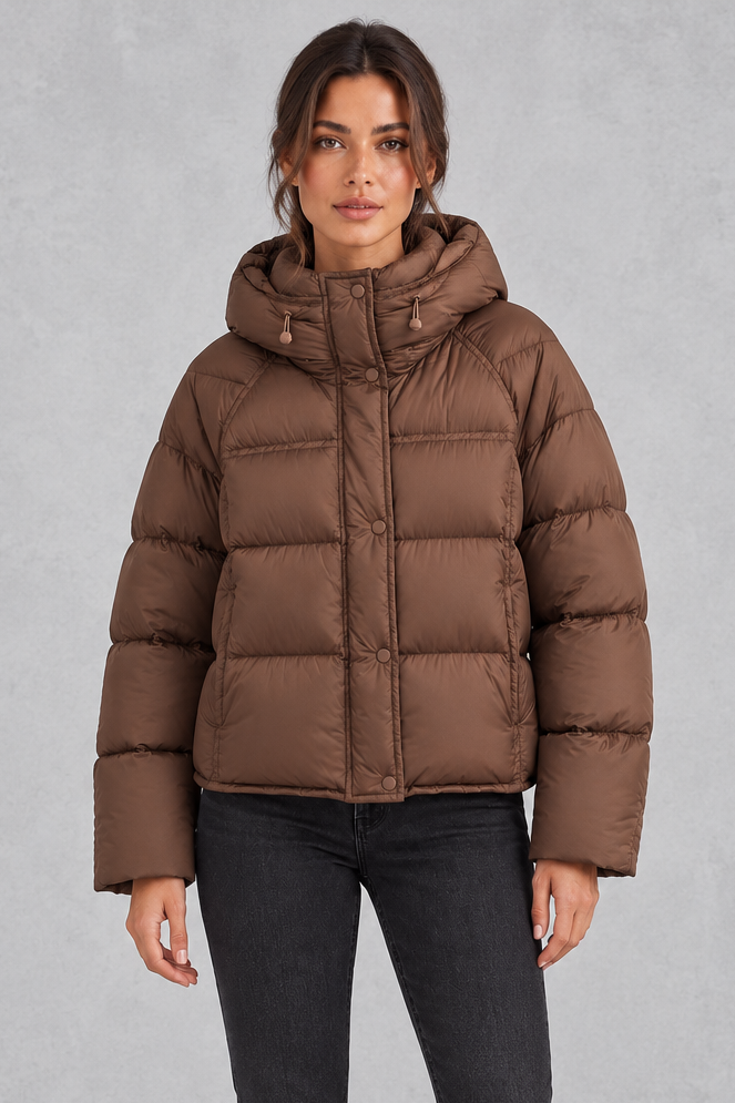 Women's relaxed hooded puffer jacket with high neck, front view